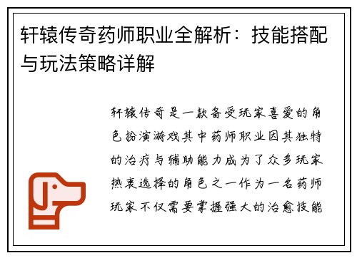 轩辕传奇药师职业全解析：技能搭配与玩法策略详解